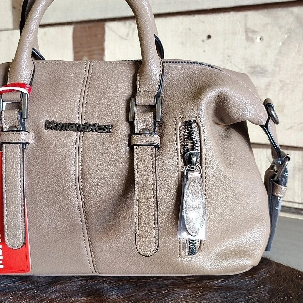 Montana West satchel crossbody bag beige zip lop double handle PU leather pocket